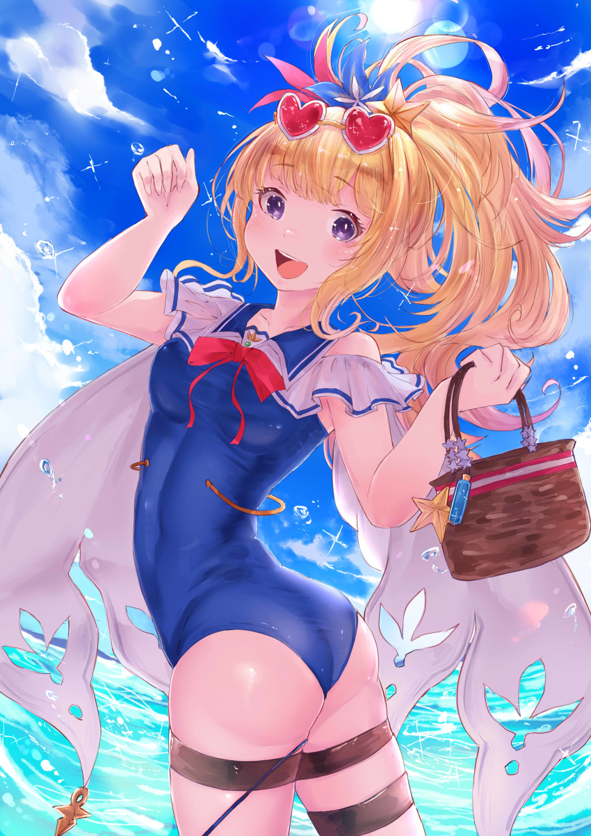 1girl absurdres ass basket blonde_hair blue_sky blue_swimsuit cagliostro_(granblue_fantasy) casual_one-piece_swimsuit clouds cowboy_shot eyewear_on_head granblue_fantasy heart heart-shaped_eyewear highres joshjostar0729 long_hair ocean one-piece_swimsuit outdoors ponytail sky smile solo sunglasses swimsuit violet_eyes water