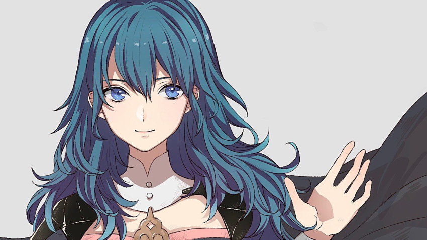 1girl black_cloak blue_eyes blue_hair byleth_(fire_emblem) byleth_eisner_(female) cloak closed_mouth commentary detached_collar eyelashes fire_emblem fire_emblem:_three_houses grey_background hair_between_eyes lips long_hair looking_at_viewer palms roroichi simple_background smile solo upper_body