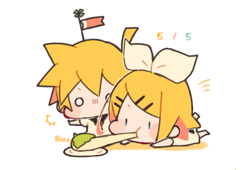 /\/\/\ 1boy 1girl baby bangs black_collar blonde_hair blush_stickers bow chibi children's_day collar commentary dated eating hair_bow hair_ornament hairclip kagamine_len kagamine_rin kitsune_no_ko koinobori lying mochi on_stomach outstretched_arms plate sailor_collar shirt short_hair short_ponytail short_sleeves solid_circle_eyes spiky_hair swept_bangs twitter_username vocaloid white_background white_bow white_shirt younger