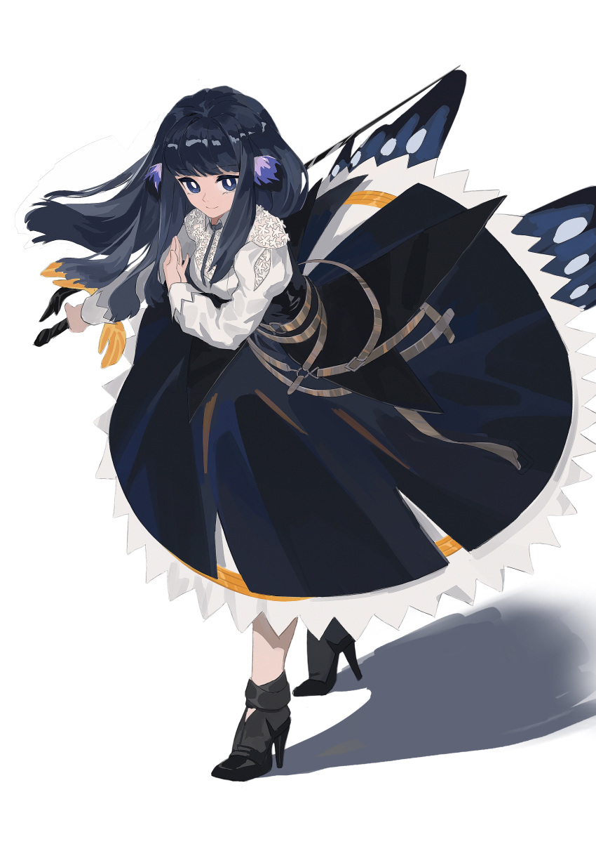 1girl absurdres animal_ear_fluff arknights astesia_(arknights) bangs black_footwear blue_dress blue_eyes blue_hair blunt_bangs bowing breasts chinese_commentary closed_mouth dress eyebrows_visible_through_hair feathers high_heels highres holding holding_sword holding_weapon long_hair long_sleeves looking_at_viewer medium_breasts reverse_grip rui_(1079069837) shadow simple_background smile solo sword waistcoat weapon white_background