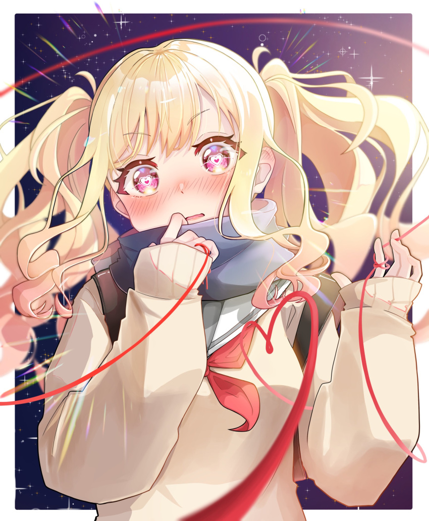 1girl blonde_hair bloom blush border brown_bag commentary curly_hair gradient_hair grey_scarf heart heart-shaped_pupils highres hosupi looking_at_viewer multicolored_hair neckerchief outside_border parted_lips pink_eyes pink_hair project_sekai red_neckerchief sailor_collar scarf sidelocks sleeves_past_wrists solo starry_background string string_around_finger string_of_fate sunburst sweater swept_bangs symbol-shaped_pupils tenma_saki twintails upper_body white_border white_sailor_collar yellow_sweater