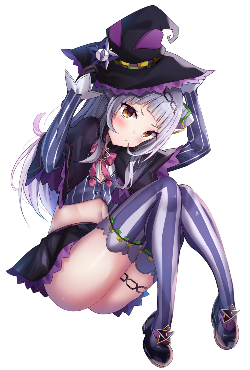 1girl ass black_gloves blush brown_eyes gloves hairband hat highres hololive long_hair looking_at_viewer midriff murasaki_shion navel shiki_(catbox230123) silver_hair simple_background skirt solo striped striped_legwear vertical-striped_legwear vertical_stripes virtual_youtuber witch_hat