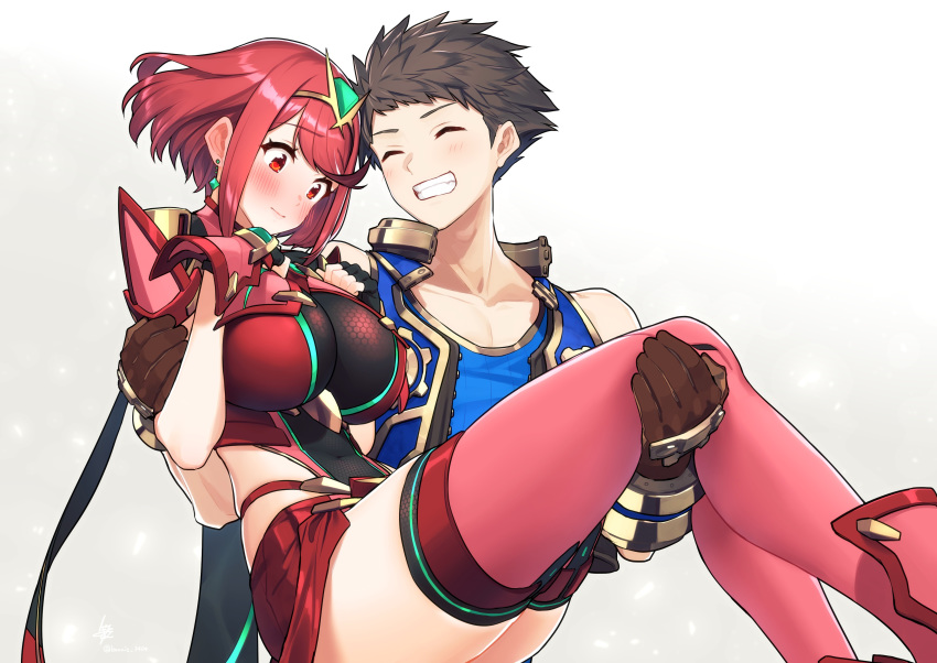 1boy 1girl absurdres baffu bangs blue_skirt blue_vest blush breasts brown_gloves brown_hair carrying closed_eyes couple earrings eyebrows_visible_through_hair fingerless_gloves flustered gloves grin hetero highres pyra_(xenoblade) jewelry large_breasts princess_carry red_eyes red_legwear red_shorts redhead rex_(xenoblade_2) short_shorts shorts simple_background skirt smile spiky_hair swept_bangs thigh-highs thighs tiara vest xenoblade_(series) xenoblade_2