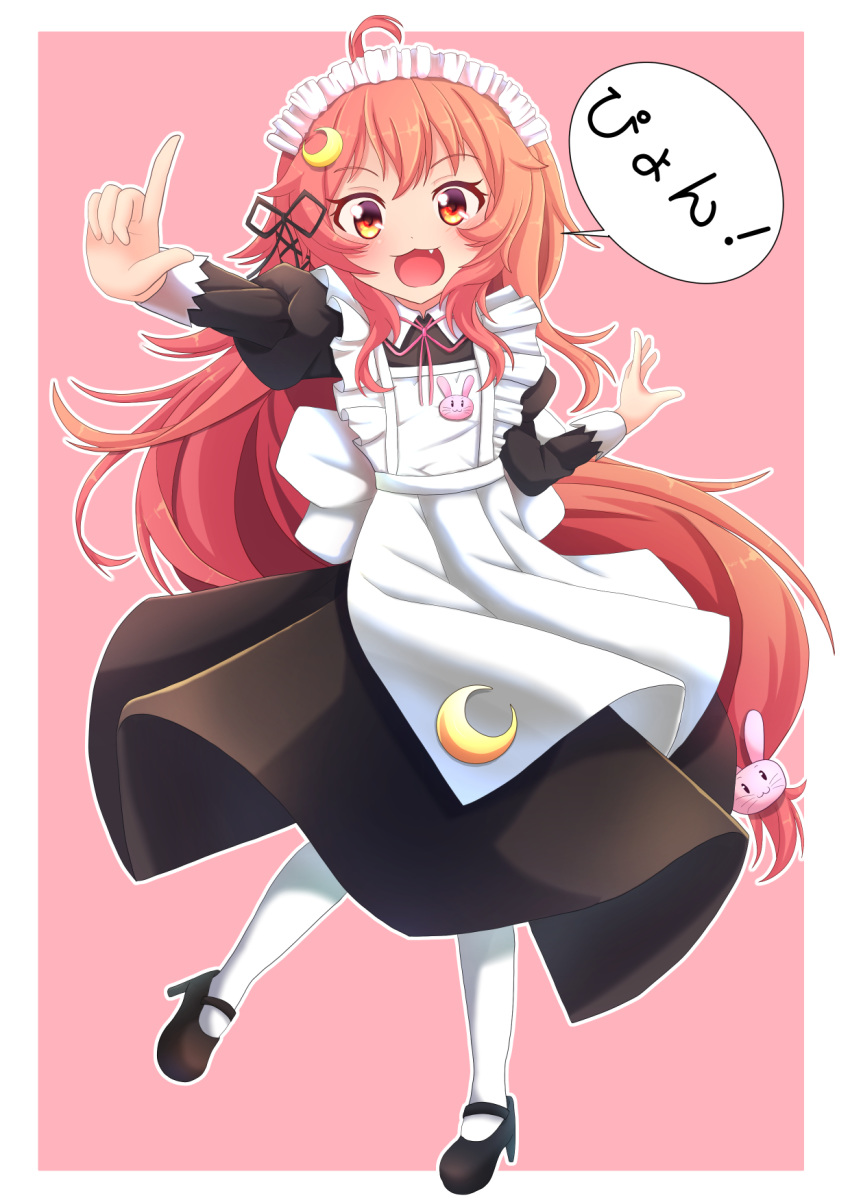 1girl :3 :d alternate_costume apron bangs black_dress black_footwear blush bunny_hair_ornament collared_dress commentary_request crescent crescent_hair_ornament dress enmaided eyebrows_visible_through_hair fang frilled_apron frills hair_ornament high_heels highres juliet_sleeves kantai_collection long_hair long_sleeves low-tied_long_hair maid maid_apron maid_headdress neck_ribbon open_mouth outline pantyhose pink_background pink_ribbon puffy_sleeves red_eyes redhead ribbon shiruzu_(sills_ud) shoes smile solo standing standing_on_one_leg translation_request two-tone_background uzuki_(kantai_collection) very_long_hair white_apron white_background white_legwear white_outline