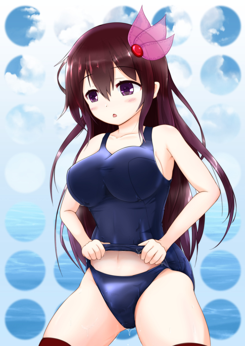 1girl absurdres blue_background brown_hair chestnut_mouth commentary_request hair_ornament highres kantai_collection kisaragi_(kantai_collection) kisaragi_mizuto long_hair red_neckwear ribbon school_swimsuit school_swimsuit_flap solo standing swimsuit thigh-highs violet_eyes wet wet_clothes wet_swimsuit