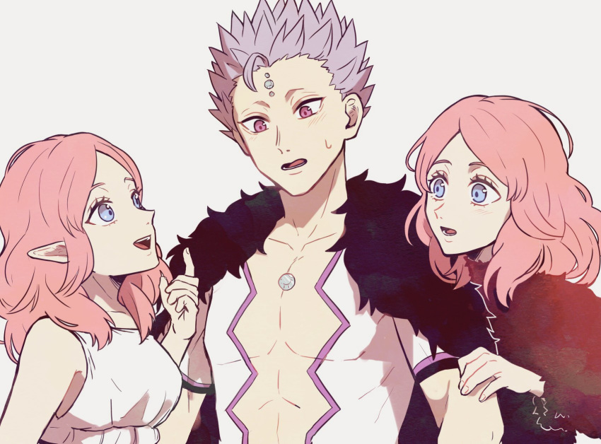 1boy 2girls black_clover blue_eyes collarbone commentary_request dress dual_persona elf fana_(elf)_(black_clover) fana_(human)_(black_clover) fur-trimmed_shirt fur_trim highres mars_(black_clover) mokuzu20 multiple_girls muscle open_clothes open_mouth open_shirt pink_hair pointy_ears shirt short_hair silver_hair spiky_hair surprised sweatdrop violet_eyes white_dress wide-eyed