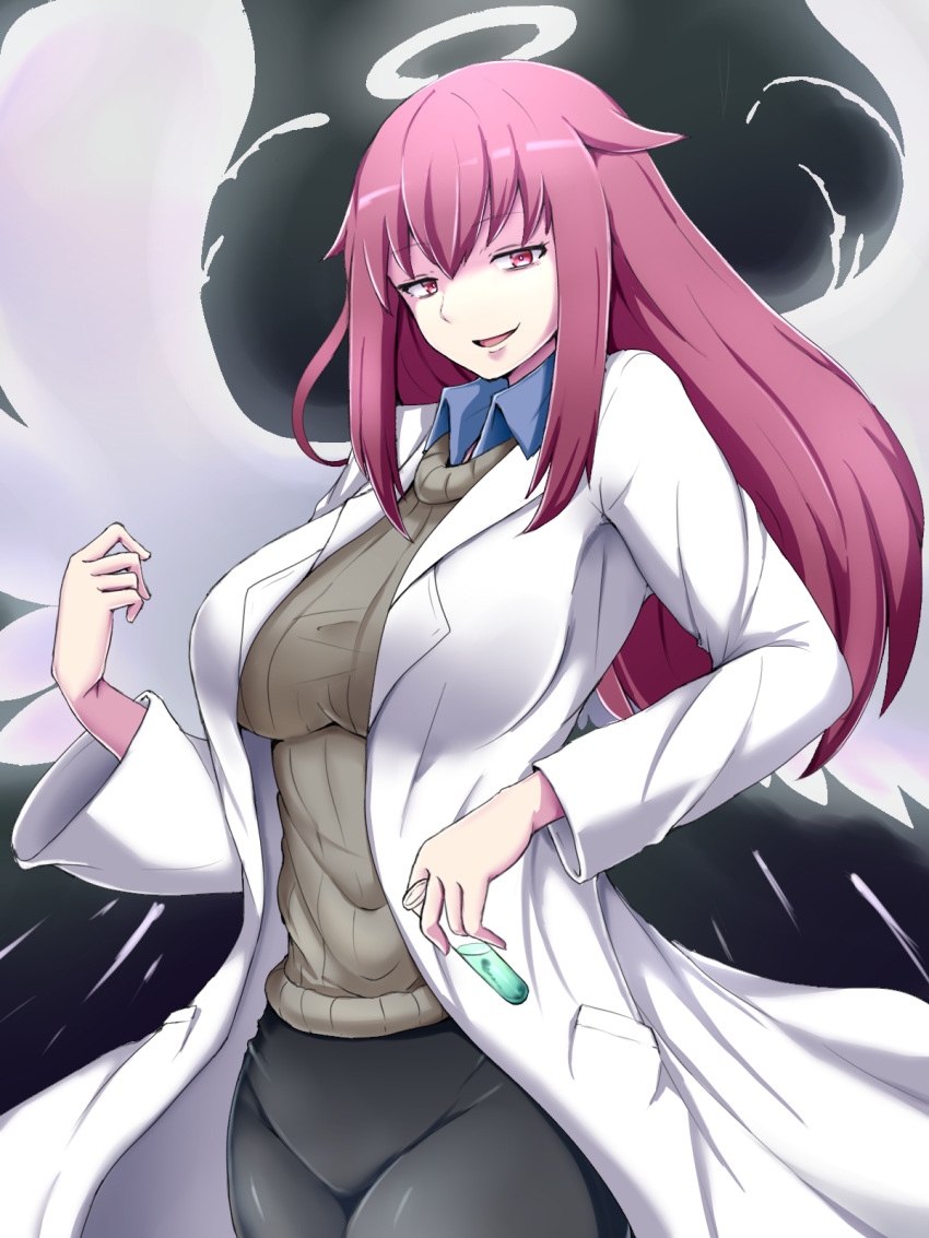 1girl angel_wings bangs black_background breasts collared_shirt commentary_request cowboy_shot eyebrows_visible_through_hair hair_between_eyes half-closed_eyes halo highres holding holding_test_tube labcoat large_breasts long_hair looking_at_viewer mon-musu_quest! open_mouth promestein raichi_(ddq0246) red_eyes redhead shirt sidelocks simple_background smile solo sweater test_tube wing_collar wings