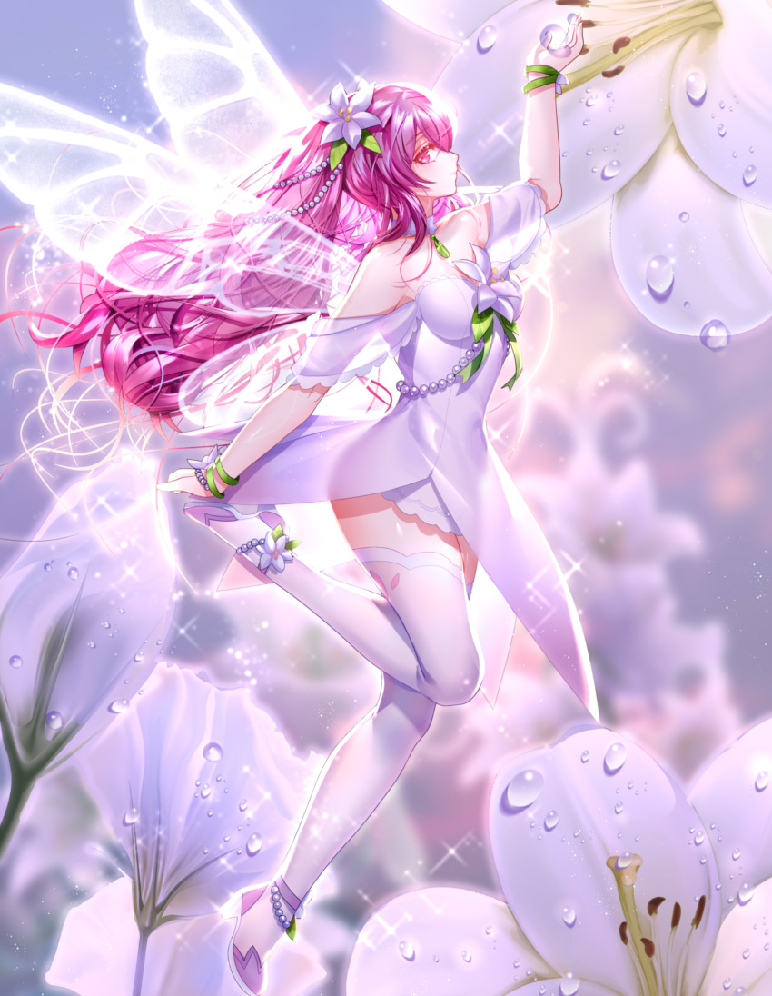 1girl absurdres alternate_hair_color ankle_flower anklet arm_up bangs been blurry blurry_background blurry_foreground butterfly_wings closed_mouth dress elesis_(elsword) elsword eyebrows_visible_through_hair fairy floating_hair flower flying from_side full_body hair_between_eyes hair_flower hair_ornament highres jewelry layered_dress long_hair pink_eyes pink_hair profile shiny shiny_hair short_dress sleeveless sleeveless_dress smile solo sparkle strapless strapless_dress thigh-highs transparent_wings very_long_hair white_dress white_flower white_legwear white_wings wings