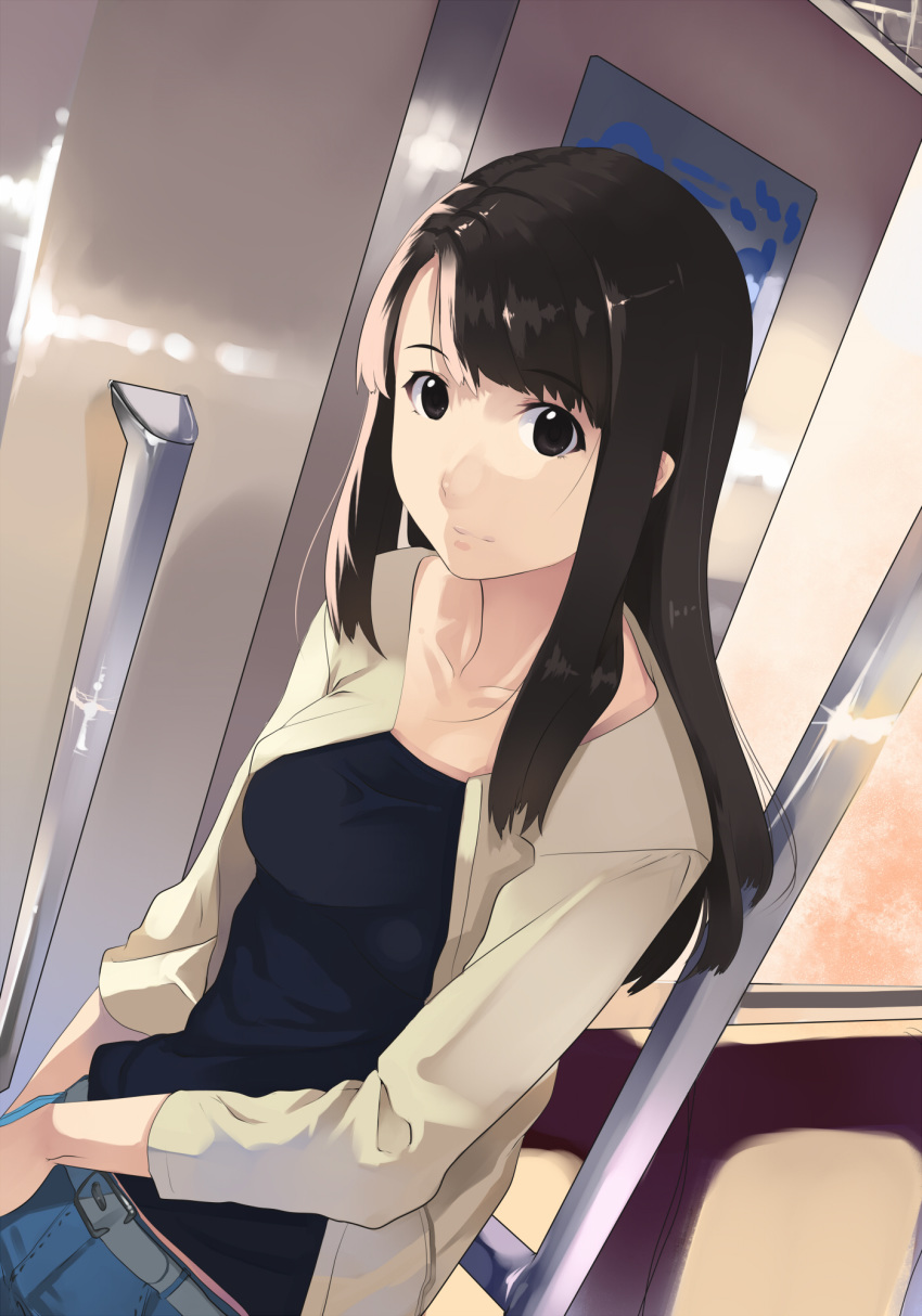 1girl against_railing blue_pants blue_shirt brown_eyes brown_hair bus_interior closed_mouth denim dutch_angle eyebrows_visible_through_hair grey_jacket highres jacket jeans kagematsuri long_sleeves looking_at_viewer open_clothes open_jacket original pants shirt simple_background smile solo standing