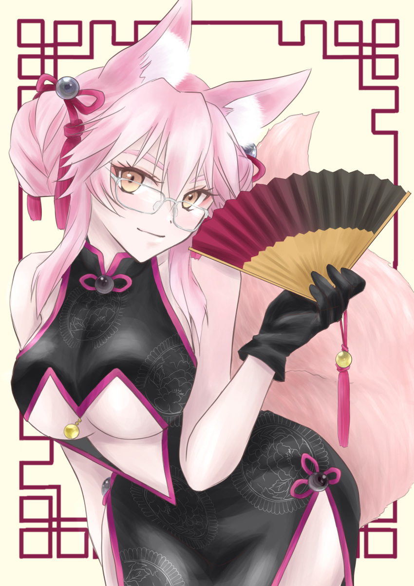 1girl absurdres animal_ear_fluff animal_ears artist_request bangs bare_shoulders black_dress black_gloves blush breasts center_opening china_dress chinese_clothes closed_mouth dress fan fate/grand_order fate_(series) folding_fan fox_ears fox_girl fox_tail gloves hair_between_eyes highres koyanskaya large_breasts leaning_forward long_hair looking_at_viewer pink_hair side_slit sidelocks smile tail tassel tied_hair under_boob white-framed_eyewear yellow_eyes