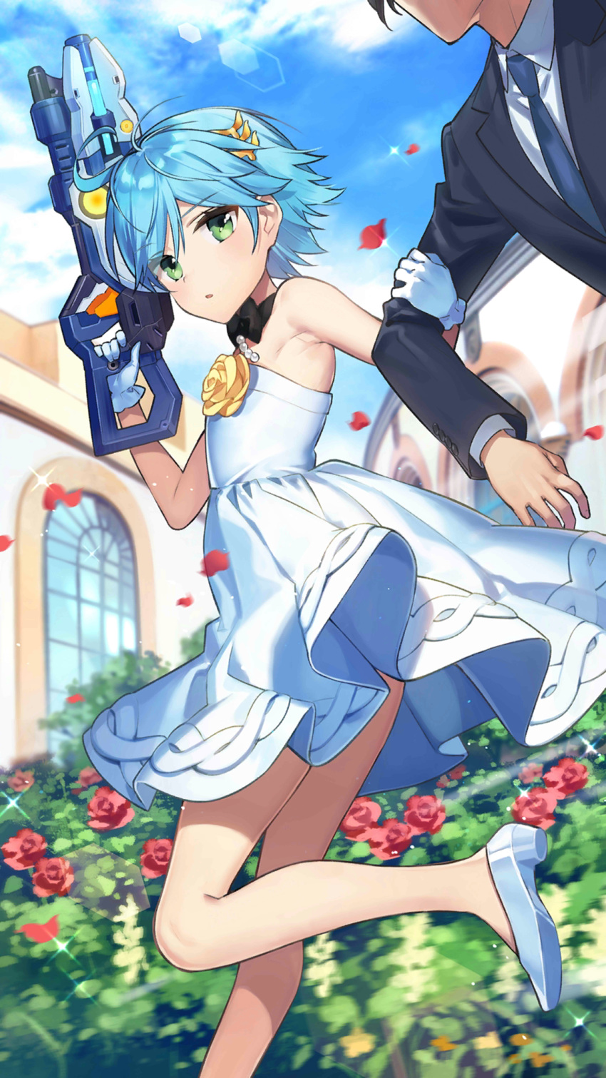 1boy 1girl armpits artist_request bare_legs bare_shoulders blue_hair clouds cornelia_(girl_cafe_gun) day dress flat_chest flower girl_cafe_gun gloves green_eyes gun hair_ornament highres holding holding_arm leg_up looking_at_viewer no_socks official_art outdoors plant rose sandals short_hair sleeveless sleeveless_dress solo_focus tuxedo weapon white_dress white_footwear white_gloves yellow_flower