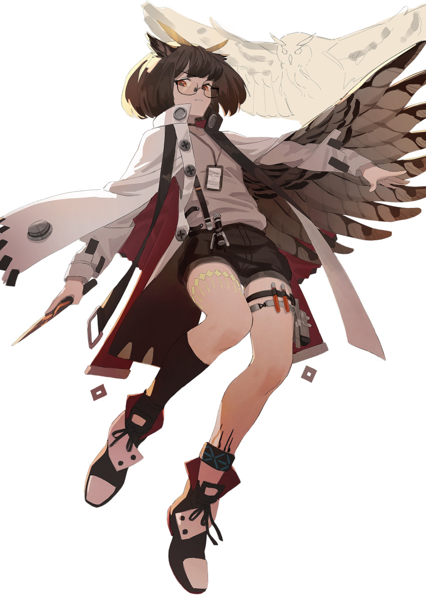 1girl absurdres anklet arknights bird bird_wings black-framed_eyewear black_choker black_footwear black_legwear black_shorts boots brown_hair chinese_commentary choker coat commentary eyebrows_visible_through_hair feathers flat_chest floating full_body glasses grey_shirt hair_feathers highres holster jacket_on_shoulders jewelry kneehighs labcoat lanyard long_sleeves looking_at_viewer orange_eyes ore_lesion_(arknights) outstretched_hand owl owl_ears parted_lips rhine_lab_logo round_eyewear rui_(1079069837) semi-rimless_eyewear shirt short_hair short_shorts shorts silence_(arknights) simple_background single_kneehigh solo test_tube thigh_holster thigh_strap thighs white_background white_coat wings