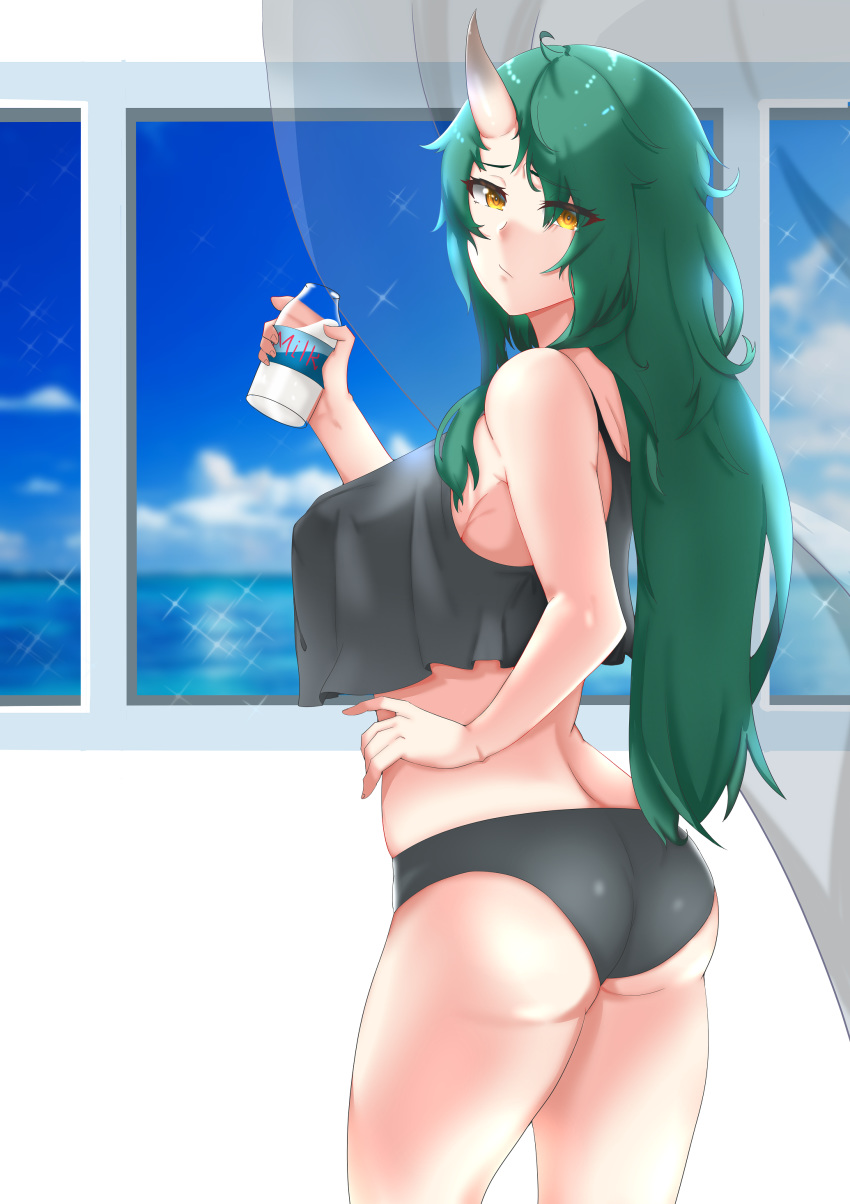1girl absurdres arknights ass bangs bare_arms bare_shoulders black_panties blue_sky bottle breasts camisole clouds commentary cowboy_shot crop_top crop_top_overhang curtains eyes_visible_through_hair green_hair hair_over_one_eye hand_on_hip hand_up highres holding holding_bottle horn hoshiguma_(arknights) large_breasts lion_space long_hair looking_at_viewer midriff milk panties sky solo spaghetti_strap standing thighs underwear very_long_hair window yellow_eyes