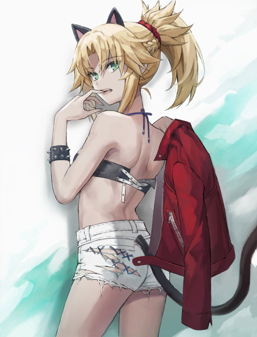 1girl animal_ears ass back bandeau bangs bare_shoulders blonde_hair braid breasts cat_ears cat_tail fate/apocrypha fate_(series) french_braid green_eyes hair_ornament hair_scrunchie highres jacket jacket_removed jewelry licking_lips long_hair looking_at_viewer looking_back mordred_(fate) mordred_(fate)_(all) necklace open_mouth paid_reward ponytail red_jacket red_scrunchie scrunchie shorts sidelocks simple_background small_breasts solo tail thighs tonee tongue tongue_out white_shorts