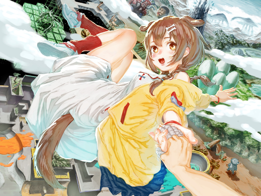animal_ears bandaged_fingers bandages beaver bone_hair_ornament bracelet braid brown_hair cleanliness_ing clouds dinosaur dog_ears dog_girl dog_tail dress fang fantasy glowing_floor highres holding_hand holding_hands hololive inugami_korone jacket jewelry looking_at_viewer maze outdoors pov pyuu_to_fuku!_jaguar red_legwear shoes smile sneakers tail twin_braids virtual_youtuber white_dress yellow_eyes yellow_jacket