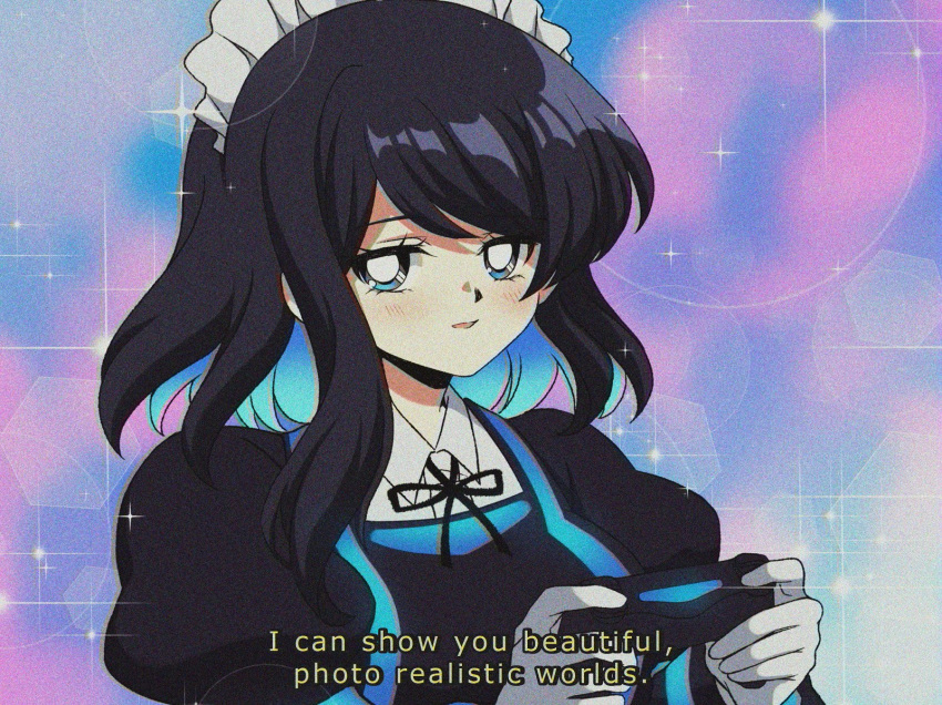 1990s_(style) 1girl black_dress black_hair blue_eyes blue_hair blush dress english_text game_console gloves highres looking_at_viewer maid_headdress merryweather multicolored multicolored_background multicolored_hair open_mouth original personification playstation_4 playstation_controller short_hair sparkle upper_body white_gloves