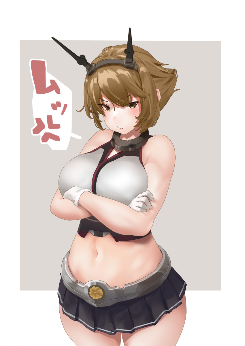 1girl absurdres bare_arms black_skirt breasts brown_hair crossed_arms gloves green_eyes grey_background headgear highres kantai_collection large_breasts looking_at_viewer metal_belt midriff mutsu_(kantai_collection) navel pleated_skirt pout revision short_hair simple_background skirt solo striped striped_skirt uru_(uru0000) white_background white_gloves