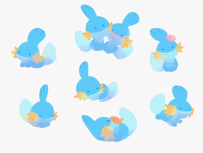 :d ^_^ blue_theme closed_eyes closed_mouth creature flower full_body gen_3_pokemon hair_flower hair_ornament happy lying mudkip no_humans on_back on_stomach open_mouth pokemon pokemon_(creature) simple_background sleeping smile staurolith white_background