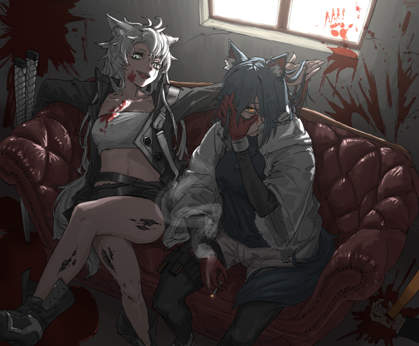 2girls :d absurdres alternate_costume animal_ear_fluff animal_ears arknights bandeau bangs bare_legs belt black_belt black_hair black_jacket black_shirt black_shorts blood blood_on_face cigarette commentary_request couch crossed_legs gloves grey_eyes hair_between_eyes hand_up highres holding holding_cigarette indoors jacket lappland_(arknights) long_hair long_sleeves looking_at_viewer midriff multiple_girls navel open_clothes open_jacket open_mouth ore_lesion_(arknights) red_gloves shirt short_shorts shorts silver_hair sitting smile smoke stomach strapless texas_(arknights) thighs tubetop very_long_hair white_jacket wide_sleeves window wolf_ears xia_oekaki yellow_eyes