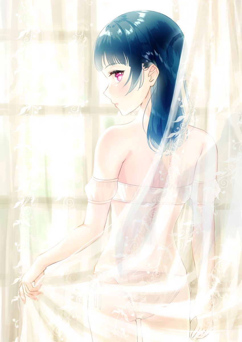 1girl absurdres ass bangs bare_shoulders blue_hair bra closed_mouth commentary_request cowboy_shot curtain_grab curtains detached_sleeves eyebrows_visible_through_hair highres long_hair looking_at_viewer looking_back love_live! love_live!_sunshine!! luna_(mi-chanman) panties profile puffy_short_sleeves puffy_sleeves short_sleeves side-tie_panties solo standing transparent tsushima_yoshiko underwear underwear_only violet_eyes white_bra white_panties white_sleeves window