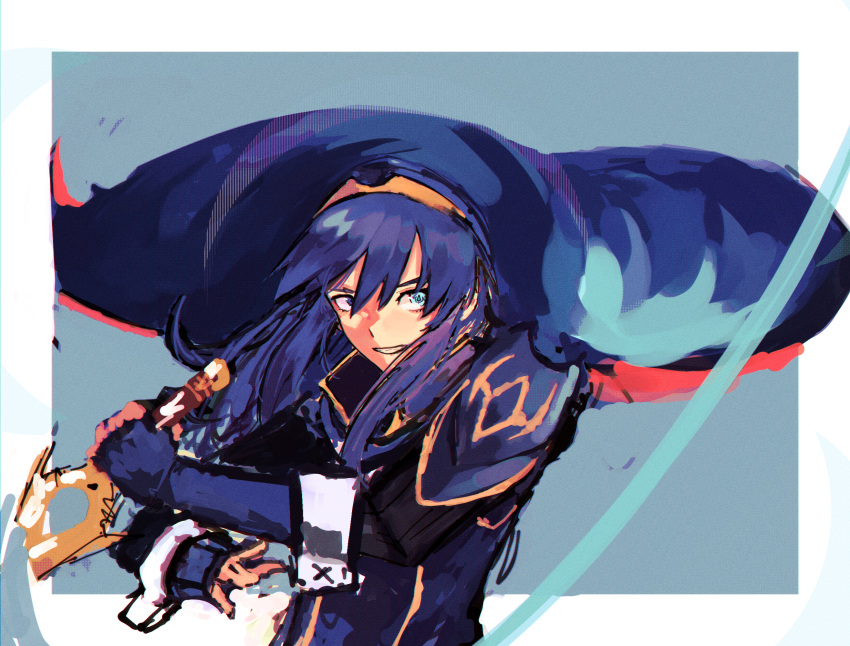 1girl blue_eyes blue_hair cape fire_emblem fire_emblem_awakening highres holding holding_sword holding_weapon looking_to_the_side looking_up lucina lucina_(fire_emblem) mpka_yt slashing solo sword weapon