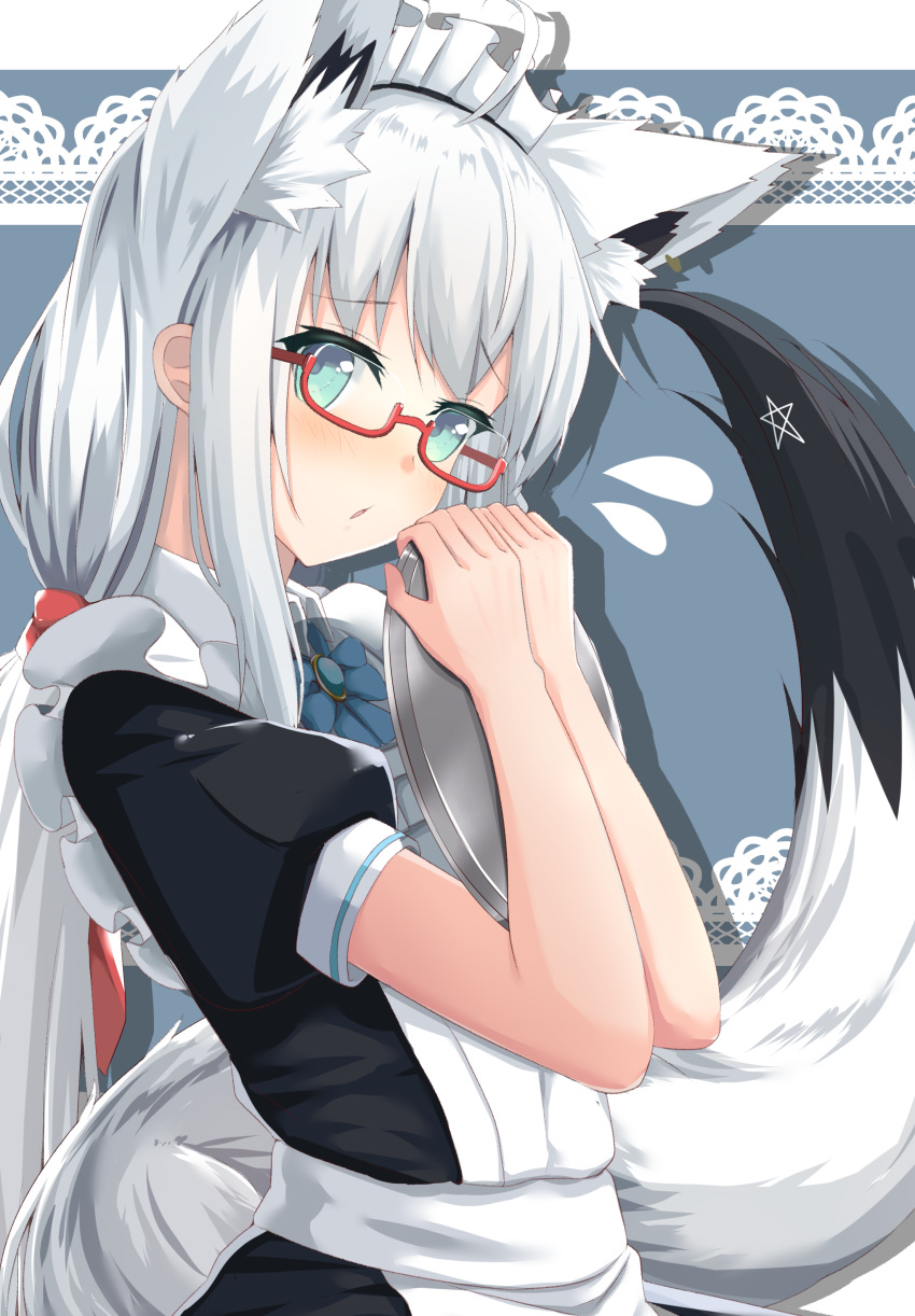 1girl :o absurdres ahoge alternate_costume animal_ears apron bangs black_dress blue_background blue_bow blue_eyes blue_neckwear blush borumete bow bowtie commentary_request dress enmaided eyebrows_visible_through_hair flying_sweatdrops fox_ears fox_girl fox_tail frills from_side glasses gloves highres holding holding_tray hololive looking_at_viewer looking_to_the_side maid maid_headdress parted_lips puffy_short_sleeves puffy_sleeves red-framed_eyewear semi-rimless_eyewear shirakami_fubuki short_sleeves silver_hair solo tail tray two-tone_background under-rim_eyewear virtual_youtuber white_apron