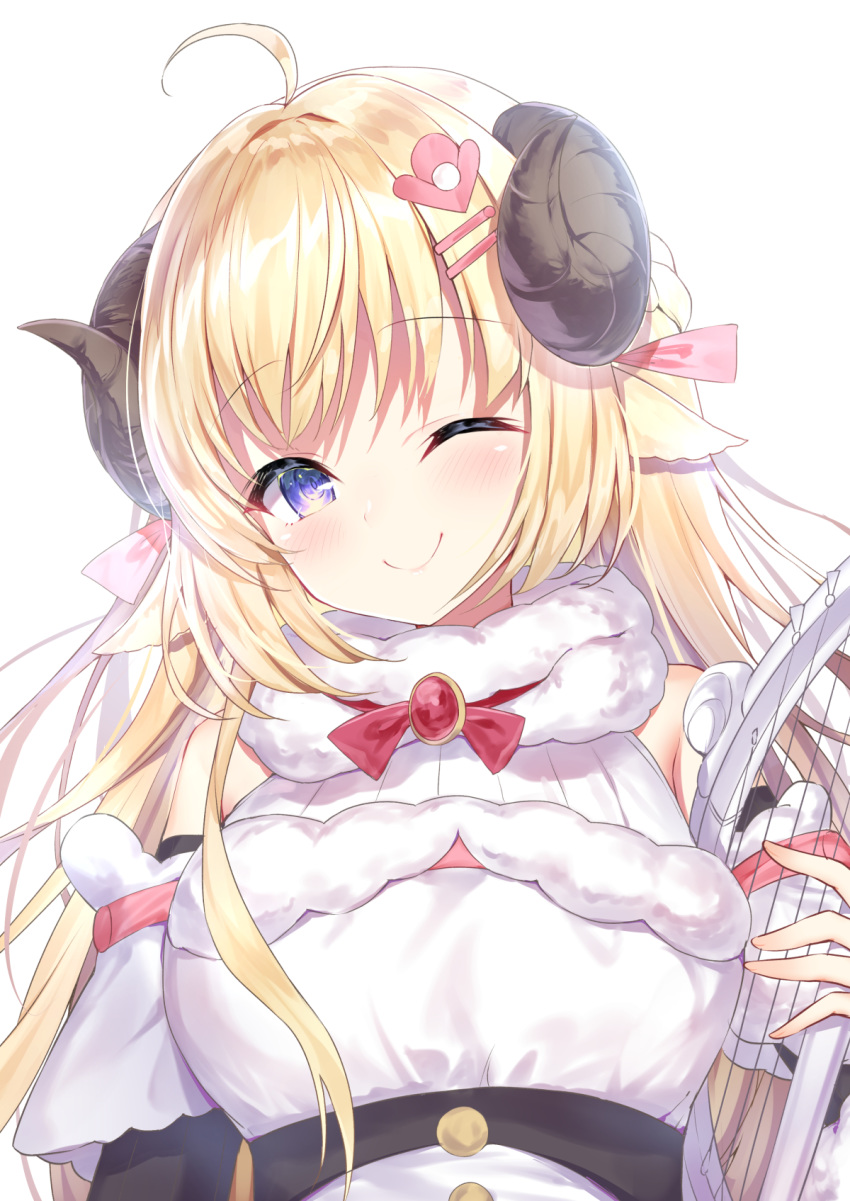 1girl ;) animal_ears arm_cuffs arm_warmers backlighting blonde_hair blush braid breasts brooch closed_mouth commentary_request dress eyebrows_visible_through_hair french_braid fur-trimmed_dress fur_trim hair_ornament hair_ribbon hairclip harp highres hololive horns instrument jewelry large_breasts long_hair looking_at_viewer neck_ribbon one_eye_closed pink_ribbon red_ribbon ribbon sheep_ears sheep_horns simple_background smile solo topia tsunomaki_watame upper_body violet_eyes virtual_youtuber white_background white_dress wool