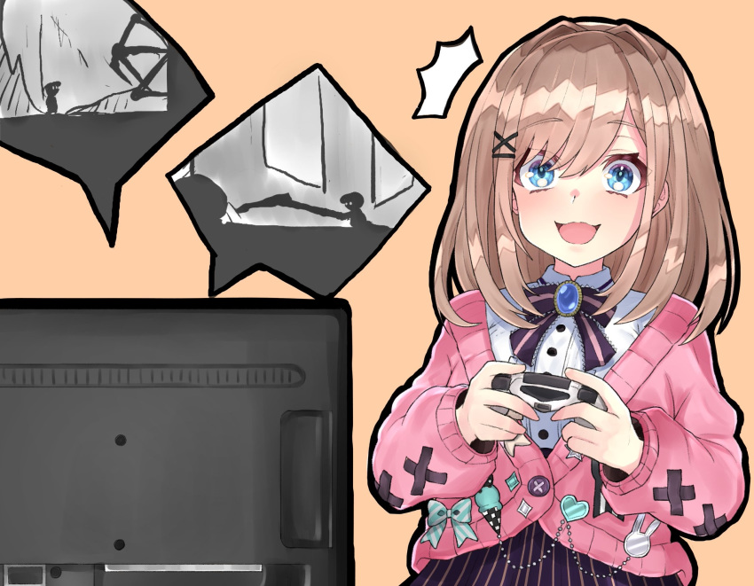 1girl agata_(yfw1110) bangs black_outline blue_eyes bow bowtie brown_hair cardigan commentary_request controller eyebrows_visible_through_hair game_controller hair_between_eyes hair_ornament highres holding_controller holding_game_controller limbo_(game) looking_at_viewer medium_hair monitor nijisanji open_mouth orange_background outline pink_cardigan playing_games purple_bow shirt simple_background skirt surprised suzuhara_lulu upper_body virtual_youtuber white_shirt x_hair_ornament