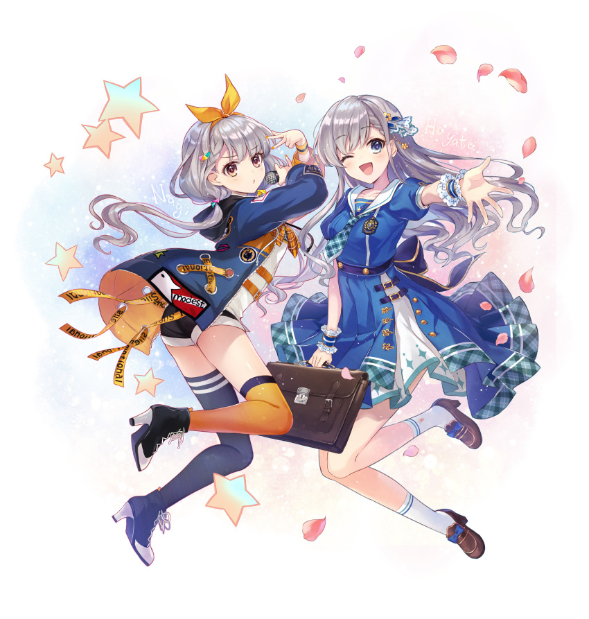 2girls absurdres bag bangs blue_dress blue_eyes boots braid brown_eyes commentary dress full_body grey_hair hair_ribbon hairband high_heel_boots high_heels highres hisakawa_hayate hisakawa_nagi holding holding_microphone hood hooded_jacket idolmaster idolmaster_cinderella_girls idolmaster_cinderella_girls_starlight_stage iku2727 jacket loafers long_hair looking_at_viewer low_twintails microphone mismatched_legwear multiple_girls one_eye_closed petals puffy_short_sleeves puffy_sleeves ribbon sailor_collar school_bag school_uniform shoes short_sleeves shorts siblings sisters socks star thigh-highs twins twintails v white_legwear