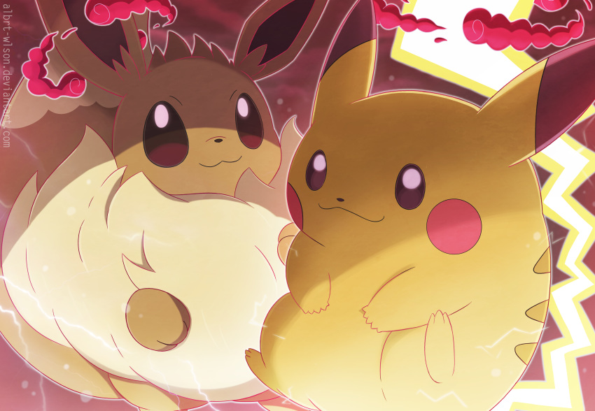 :3 absurdres albrt-wlson black_eyes brown_eyes closed_mouth commentary creature eevee english_commentary gen_1_pokemon gigantamax gigantamax_eevee gigantamax_pikachu happy highres no_humans pikachu pokemon pokemon_(creature) smile watermark web_address