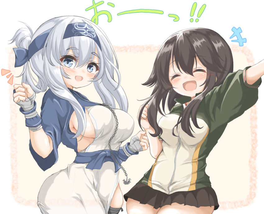 2girls ainu_clothes bandages bandana black_hair black_skirt blue_eyes closed_eyes commentary_request cowboy_shot cropped_jacket facing_viewer folded_ponytail green_eyes hair_between_eyes hayasui_(kantai_collection) headband holding_hands jacket kamoi_(kantai_collection) kantai_collection kasashi_(kasasi008) looking_at_viewer multiple_girls pelvic_curtain pleated_skirt short_hair sidelocks simple_background skirt smile thigh-highs track_jacket white_background white_hair wrist_guards