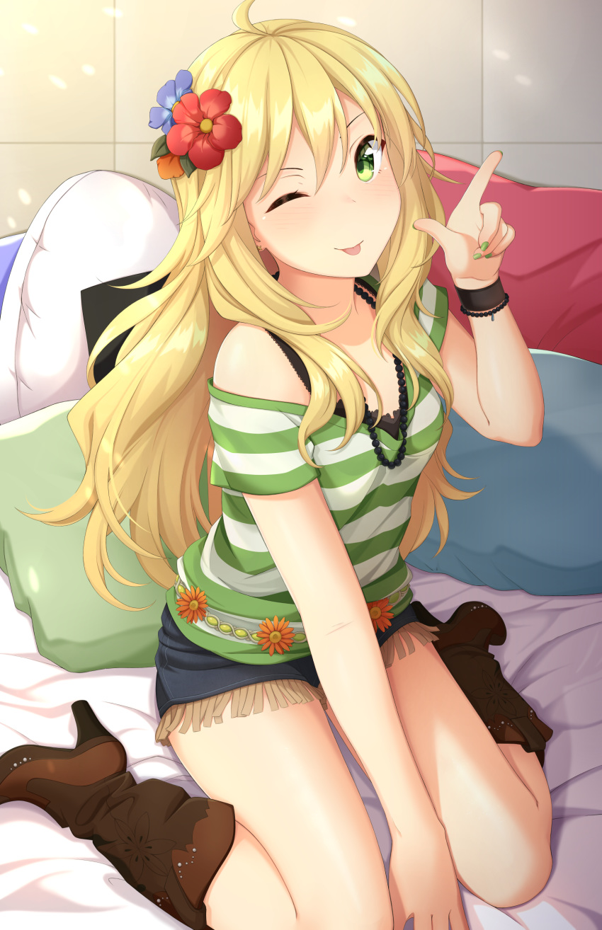 1girl absurdres ahoge bare_shoulders bed belt between_legs blonde_hair blush boots bra_strap denim denim_shorts earrings finger_gun flower food_themed_pillow green_eyes green_nails hair_flower hair_ornament hand_between_legs high_heels highres hoshii_miki idolmaster jewelry lace leather leather_boots long_hair nail_polish necklace on_bed one_eye_closed pillow short_shorts shorts sitting solo star star_earrings tile_wall tiles tiri tongue tongue_out wariza