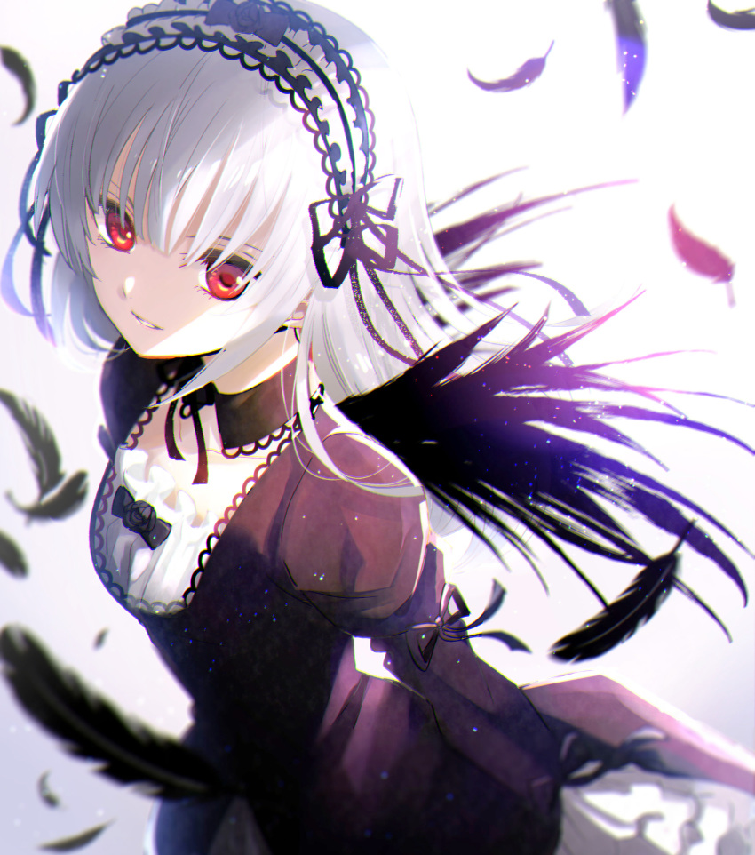 1girl backlighting bangs black_bow black_collar black_dress black_feathers black_flower black_ribbon black_rose black_wings bow collar collarbone commentary_request detached_collar dress eyebrows_behind_hair feathers flower gothic_lolita hair_between_eyes highres juliet_sleeves lolita_fashion long_hair long_sleeves looking_at_viewer natsupa parted_lips puffy_sleeves red_eyes ribbon rose rozen_maiden silver_hair solo suigintou very_long_hair wings
