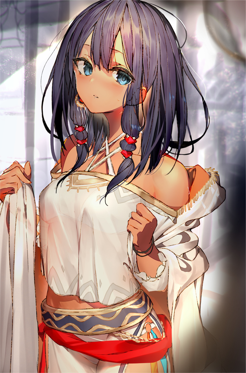 1girl absurdres bangs bare_shoulders black_hair blue_eyes blush breasts commentary_request dark_skin enj! highres long_hair looking_at_viewer navel original parted_lips solo sweat