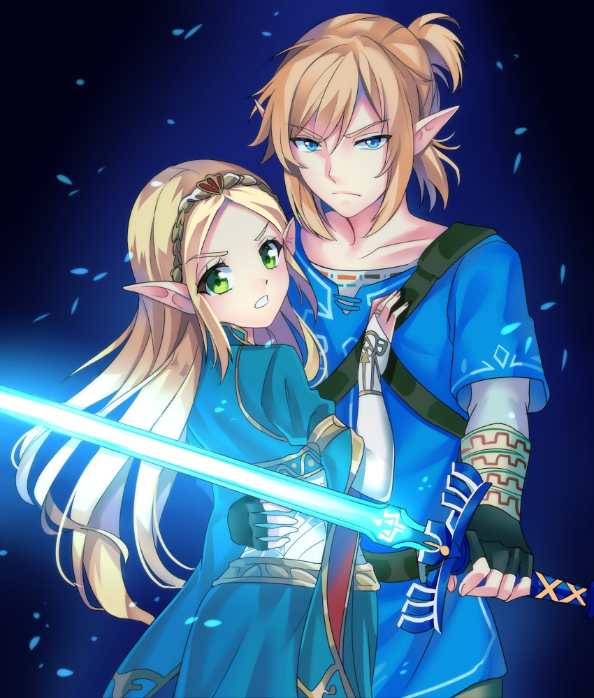 1boy 1girl absurdres bangs black_gloves blonde_hair blue_eyes blue_shirt breasts bridal_gauntlets clenched_teeth closed_mouth elf fingerless_gloves gloves glowing glowing_sword glowing_weapon green_eyes hair_between_eyes hand_on_another's_waist highres holding holding_sword holding_weapon link long_hair looking_at_viewer master_sword parted_bangs pointy_ears ponytail princess_zelda protecting serious shirt short_hair sword teeth the_legend_of_zelda the_legend_of_zelda:_breath_of_the_wild v-shaped_eyebrows weapon wrist_wrap yaya_chan