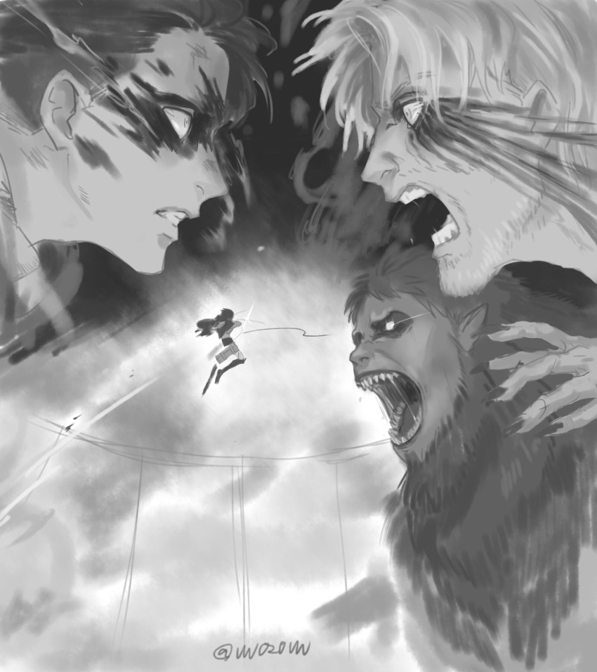 ape ascot beard beast_titan belt black_eyes black_hair blonde_hair blood blood_on_face cape claws clenched_teeth dual_wielding facial_hair facial_mark fingernails flying giant glowing glowing_eyes greyscale height_difference highres holding jacket jumping levi_(shingeki_no_kyojin) looking_at_another male_focus monkey monochrome multiple_boys muscle open_mouth paradis_military_uniform roaring screaming sharp_teeth shingeki_no_kyojin short_hair shouting smoke sword teeth thigh_strap three-dimensional_maneuver_gear undercut vvv020vvv weapon wire zeke_yeager