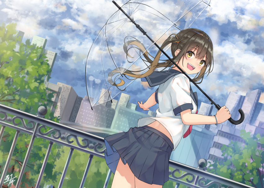 1girl bangs blue_skirt bracelet brown_hair building clouds cloudy_sky dutch_angle eyebrows_visible_through_hair hair_blowing hair_ribbon holding holding_umbrella jewelry looking_at_viewer miko_fly open_mouth original outdoors pleated_skirt railing ribbon sailor_collar school_uniform serafuku shirt signature skirt sky skyline smile solo tree twintails umbrella uniform upper_teeth white_shirt yellow_eyes