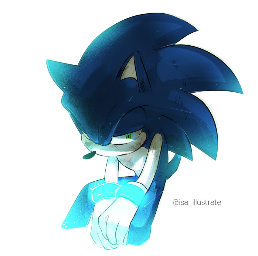 1boy blue_fur bound bound_wrists bruise cuffs defeat gloves green_eyes half-closed_eyes handcuffs hedgehog_ears highres injury isa-415810 male_focus sad simple_background sitting snout sonic sonic_forces sonic_the_hedgehog white_background white_gloves