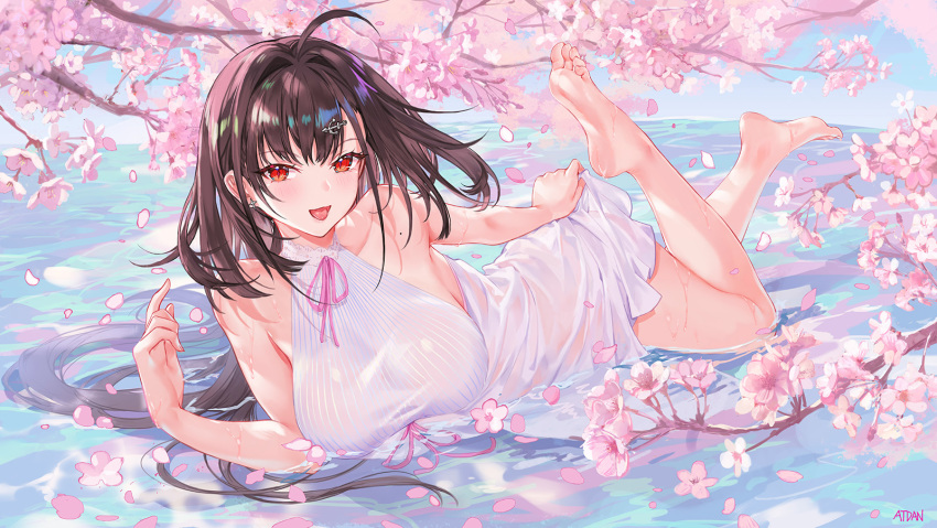 1girl :d ahoge atdan azur_lane bare_arms bare_shoulders barefoot breasts brown_hair cherry_blossoms dress earrings feet flower hair_ornament halter_dress highres independence_(azur_lane) jewelry large_breasts legs_up long_hair looking_at_viewer lying mole neck_ribbon on_stomach open_mouth petals pink_flower red_eyes ribbon see-through sleeveless sleeveless_dress smile solo thighs tree_branch water wet wet_clothes wet_dress white_dress