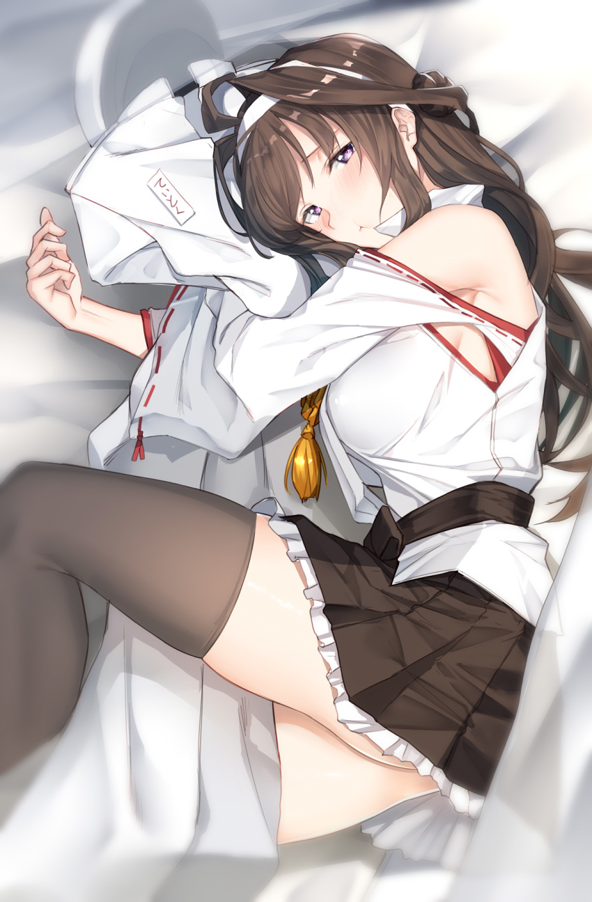 1girl ahoge bare_shoulders bed_sheet black_legwear black_skirt blush breasts brown_hair detached_sleeves double_bun highres japanese_clothes kantai_collection kongou_(kantai_collection) large_breasts long_hair nontraditional_miko pallad pleated_skirt pout ribbon-trimmed_sleeves ribbon_trim skirt solo thigh-highs violet_eyes wide_sleeves