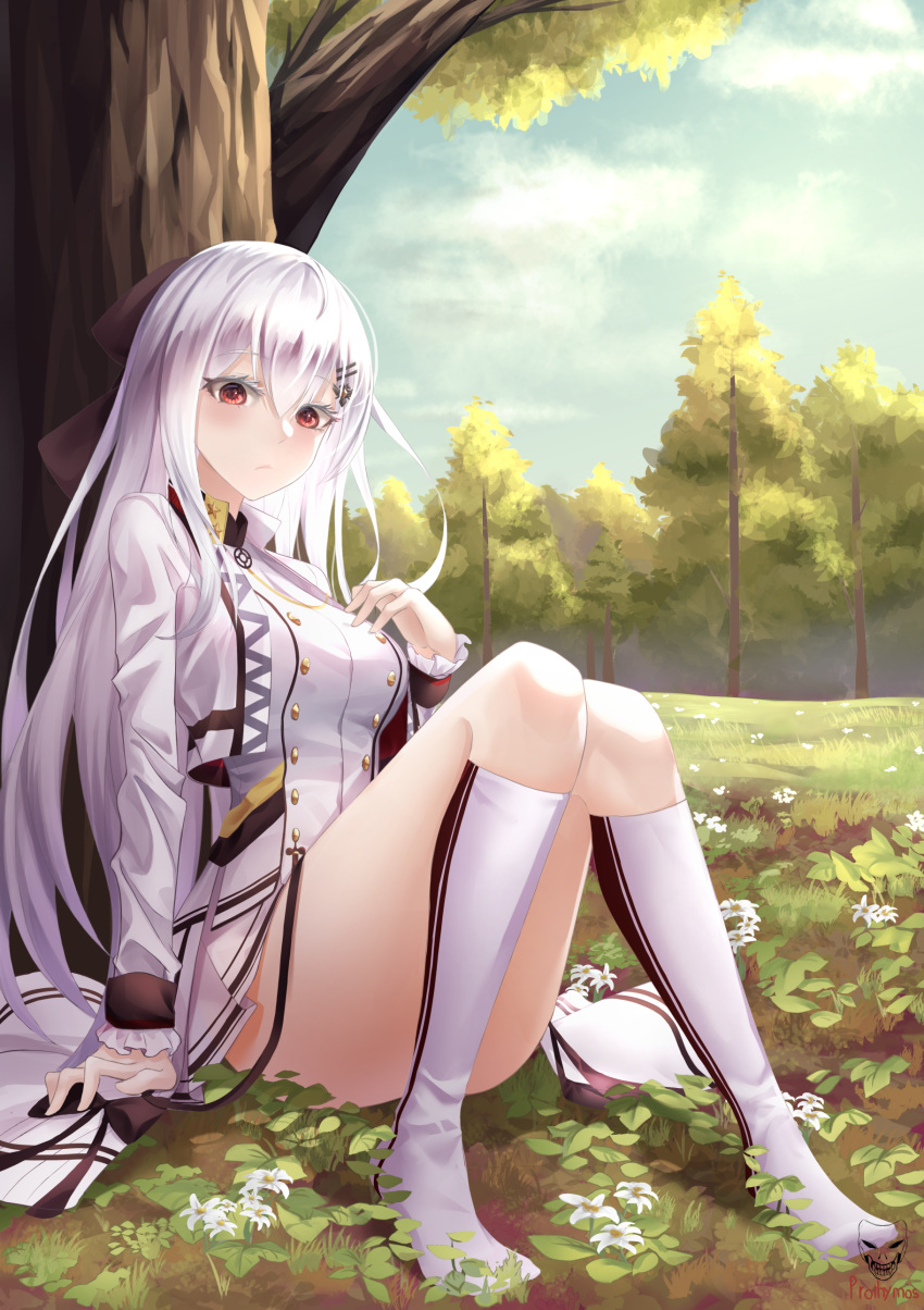 1girl absurdres bare_legs blush bow breasts dress forest girls_frontline hair_bow hand_on_breast highres iws-2000_(girls_frontline) kneehighs long_hair looking_at_viewer nature no_shoes prothymos red_eyes silver_hair sitting sitting_on_lap sitting_on_person socks solo thigh-highs thighs white_dress white_hair white_legwear