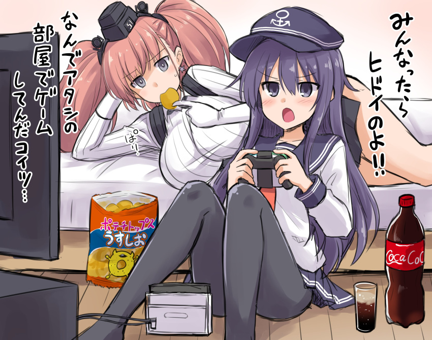 2girls akatsuki_(kantai_collection) anchor anchor_symbol atlanta_(kantai_collection) bangs black_eyes black_legwear blush breasts brown_hair chips cup earrings eating eyebrows_visible_through_hair flat_chest food game_console garrison_cap gloves hat headgear highres holding jewelry kantai_collection kokutou_nikke large_breasts long_hair long_sleeves lying multiple_girls nintendo_switch on_side open_mouth pantyhose playing_games potato_chips purple_hair sailor_collar school_uniform serafuku single_earring sitting soda soda_bottle star star_earrings television translation_request twintails video_game violet_eyes