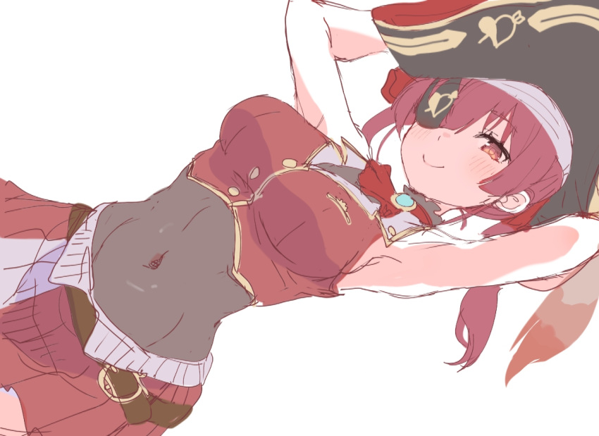 1girl armpits arms_up arrow_through_heart ascot bangs bare_arms bare_shoulders belt belt_buckle bicorne black_belt black_headwear blush breasts brooch brown_eyes brown_hair buckle closed_mouth covered_navel eyebrows_visible_through_hair eyepatch hair_between_eyes hat hololive houshou_marine jewelry long_hair lying medium_breasts on_back pleated_skirt red_neckwear red_shirt red_skirt shirt simple_background skirt sleeveless sleeveless_shirt smile solo tadanoshi_kabane twintails virtual_youtuber white_background