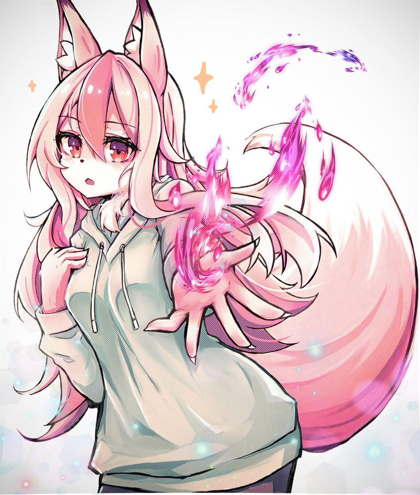 1girl animal_ear_fluff animal_ears brand_new_animal fang fire fox_ears fox_girl fox_tail furry grey_shirt hand_on_own_chest highres hiwatashi_nazuna long_hair magic open_mouth outstretched_hand pink_eyes pink_hair shirt simple_background solo tail upper_body white_background yazuishou_ray