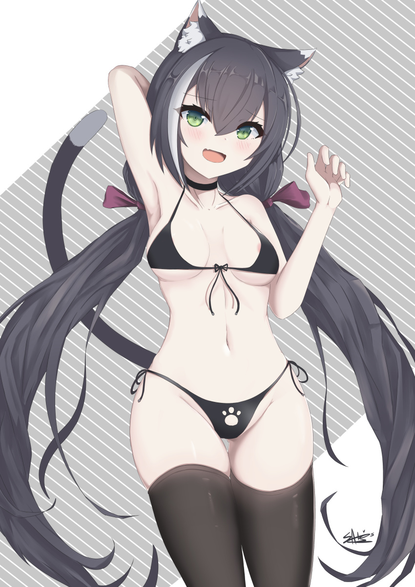 1girl absurdres animal_ear_fluff animal_ears bangs bare_shoulders bikini black_bikini black_choker black_hair black_legwear blush breasts cat_ears cat_girl cat_tail choker collarbone commentary_request eyebrows_visible_through_hair green_eyes hair_between_eyes highres ichikawayan karyl_(princess_connect!) long_hair looking_at_viewer low_twintails multicolored_hair navel open_mouth paw_print princess_connect! princess_connect!_re:dive solo streaked_hair swimsuit tail thigh-highs twintails very_long_hair white_hair