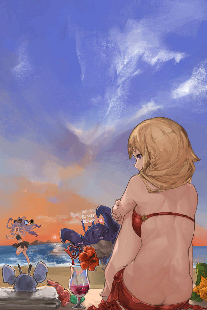 2girls athena_(granblue_fantasy) back beach bikini blonde_hair blue_eyes blue_sky clouds crab crazy_straw drink drinking_straw flower from_behind gameplay_mechanics granblue_fantasy grey_hair hair_ribbon heart_straw highres hurricane_glass leg_hug medusa_(shingeki_no_bahamut) multiple_girls n9+ open_mouth red_eyes ribbon running seashell shell sitting sky snake_hair sun swimsuit twilight