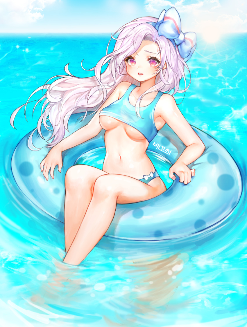 1girl annyeongbangawo bangs bare_arms bare_legs bare_shoulders bikini blue_bikini blue_bow blue_sky blush bow breasts clouds commentary_request day floating_hair hair_bow highres horizon innertube korean_commentary loveoen12 maplestory medium_breasts ocean outdoors parted_bangs parted_lips pink_hair red_eyes signature sky solo striped striped_bow sun sweat swimsuit tankini under_boob water