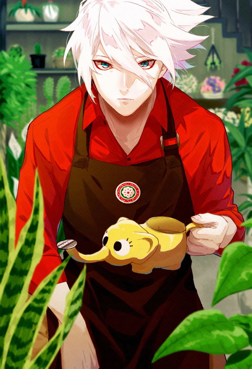 1boy apron bangs black_apron blue_eyes closed_mouth fate/apocrypha fate/extella fate/extra fate/extra_ccc fate/grand_order fate_(series) flower garden gloves hair_between_eyes highres hk_nemo holding karna_(fate) long_hair long_sleeves looking_at_viewer male_focus no_earrings pale_skin plant red_shirt shirt solo tree upper_body white_hair