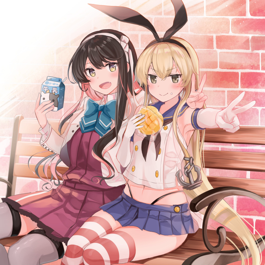 absurdres bench black_hair blonde_hair bread brick_wall eating elbow_gloves food gloves grey_legwear hairband highleg highleg_panties highres kantai_collection long_hair long_sleeves melon_bread microskirt milk_carton multicolored_hair naganami_(kantai_collection) panties pink_hair school_uniform serafuku shimakaze_(kantai_collection) skirt sleeveless striped striped_legwear thigh-highs thong two-tone_hair underwear v yunamaro