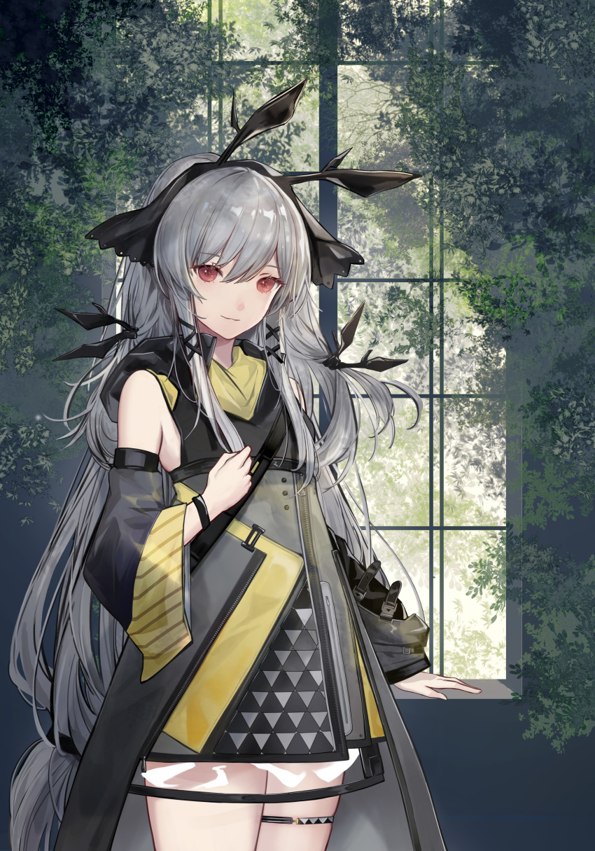 1girl absurdres arknights bare_shoulders cowboy_shot detached_sleeves dress grey_dress grey_hair hair_ornament hairband highres hood hood_down kelou long_hair long_sleeves looking_at_viewer low-tied_long_hair no_gloves plant red_eyes see-through short_dress smile solo standing strap thigh_strap very_long_hair weedy_(arknights) wide_sleeves wristband x_hair_ornament
